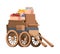 Wooden wagon with products. Old style carriage farm vehicles with big wheels garish vector isolated ancient transport