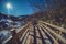 The wooden walking footpath trail bring to hot springs. Beautiful landscape view of Noboribetsu Jigokudani