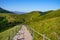 Wooden walking path in puy de dome french mountains volcano