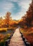 wooden walkway through the autumn forest suitable as a banner