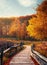 wooden walkway through the autumn forest suitable as a banner