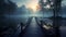 A wooden walkway extending into a misty lake.