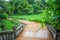 Wooden walkway or footpath with green leaves surrounded with bush and plants.