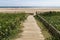 Wooden Walkway Green Dune Vegetation and Beach