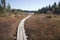 Wooden walkway leading to small trout lake in northern Minnesota