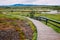Wooden walkway trail in iceland national park in summer on a cloudy day