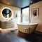 Wooden wall lining and black ceiling in bathroom. Rustic style interior design of modern bathroom. Created with generative AI