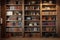 wooden wall with vintage bookcase and collection of books