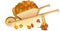 Wooden wheel barrow full with autumn leaves