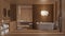 Wooden and white spa bathroom, sauna room with glass doors, freestanding bathtub, washbasin made of wood with round mirror,