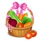 Wooden wicker basket with vegetables, on a white