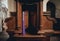 Wooden window of confessional box at church