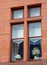 Wooden window with flower pots in Old City of Glasgow