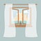 Wooden window with tulle as design element for interior of room on blue background. Outside summer landscape:sea, mountain,the sky