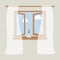 Wooden window with tulle as design element for interior of room on grey background. Outside the spring sky and white clouds. Vase