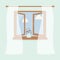 Wooden window with tulle as design element for interior of room on light background. Outside the spring sky and white clouds. Vase