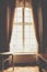 Wooden window with vintage curtains and square molding on a sunny day. beige satin curtains. interior. background for collage