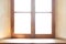 Wooden window. Wide wooden sill.