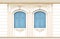 Wooden windows Vintage color cyan on peach colored wall for house and building architecture.Classic window decoration.