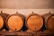 Wooden wine barrels on shelf in storage room