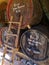 Wooden wine barrels and short ladder retro items