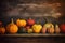 wooden wood autumn season pumpkin background table halloween leaf fall orange. Generative AI.