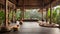 Wooden yoga place full of vegetation in Bali with asian decorations