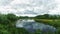 Woodland bog. Forest blue river. Clouds sky. Summertime