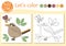 Woodland coloring page for children with bird, insect, leaves. Vector forest outline illustration with cute wren. Adorable nature