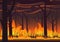 Woodland eco banner. Fire in forest. Wildfire landscape vector illustration.