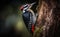 A woodpecker drumming with its beak on a tree trunk with moss, a blurred blue sky background, generative AI