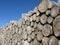 Woodpile of round logs against the blue sky . Firewood pile stacked . Chopped wood trunks