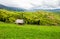 Woodshed on grassy hill in rural area