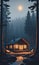 Woodsy Retreat: A Cabin in the Foggy Forest Illuminated at Night, Amidst Rocks and Trees