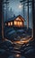 Woodsy Retreat: A Cabin in the Foggy Forest Illuminated at Night, Amidst Rocks and Trees