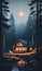 Woodsy Retreat: A Cabin in the Foggy Forest Illuminated at Night, Amidst Rocks and Trees