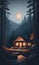 Woodsy Retreat: A Cabin in the Foggy Forest Illuminated at Night, Amidst Rocks and Trees