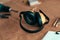 Woodwork earmuffs hearing protection equipment on desk