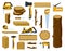 Woodwork tools. Lumber industry wood material tree trunk, planks, stacked firewood and ax, circular saw, hammer vector
