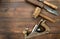 Woodwork tools on wooden table, flat lay overhead