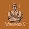 Woodworker carpenter man or joiner. Wood label for Workshop or signboards. Vintage logo, Badge for typography or t-shirt