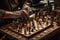 woodworker handcrafting an intricate chess set with fine woods and metals