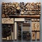 woodworking and craft items in wooden frame, surrounded by different materials