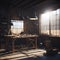 Woodworking Hangar With Workbench, Wooden Planks, Large Windows With Sun Light, Generative Ai