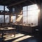 Woodworking Hangar With Workbench, Wooden Planks, Large Windows With Sun Light, Generative Ai