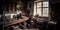 Woodworking workshop. A room by the window. wood worker or carpenter\\\'s workplace with old tools on the wall and rustic feel.