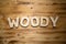 WOODY word made with building blocks on wooden board