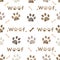 Woof text with paw print seamless pattern