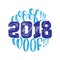 Woof woof - Symbol of the year 2 0 1 8 Dog, hand drawn lettering quote isolated on the white background. Fun brush ink inscription