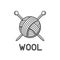 Wool emblem with with ball of yarn and knitting needles. Label for hand made, knitting or tailor shop